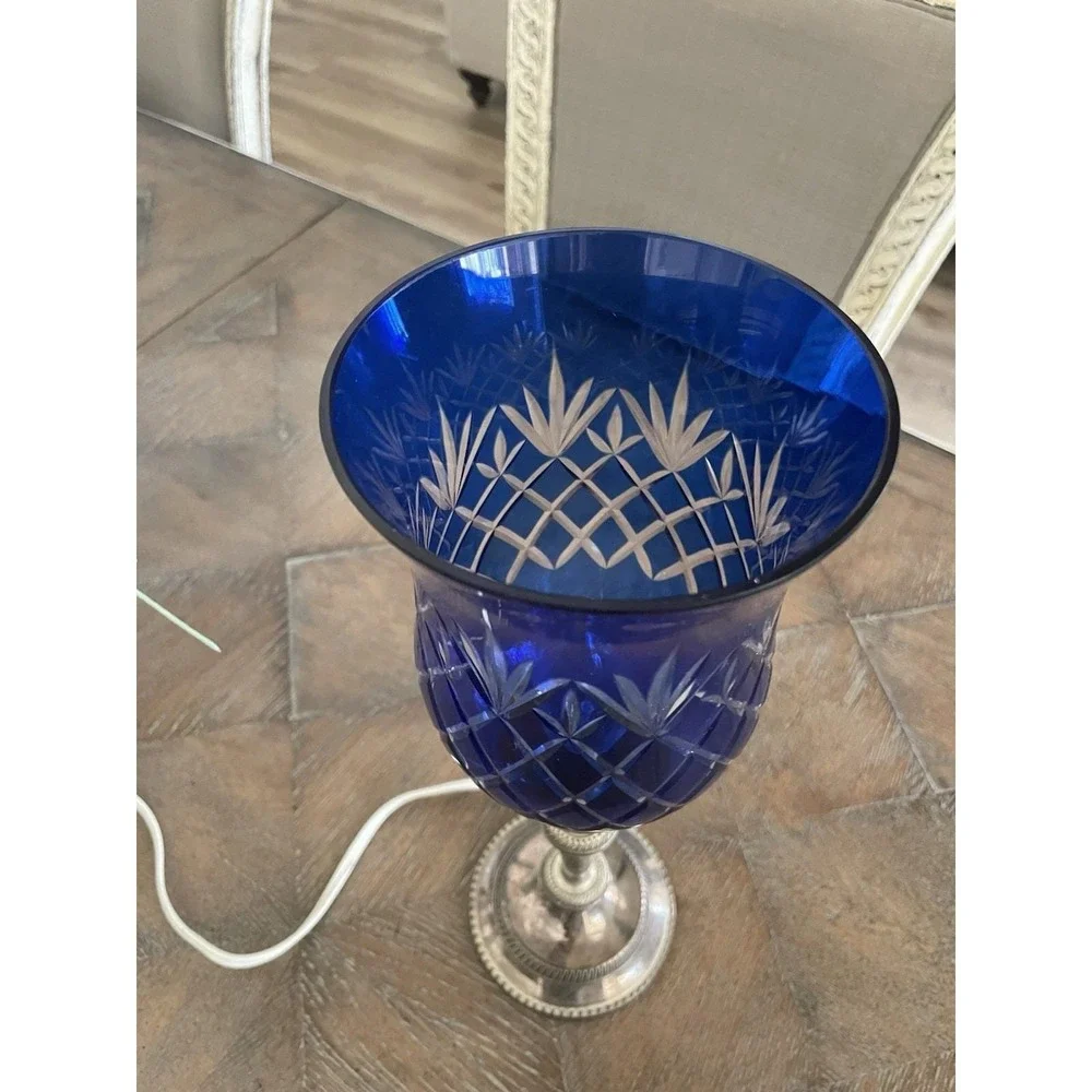 International Silver Company Plated Cobalt Blue Cut Crystal Hurricane Lamp 15